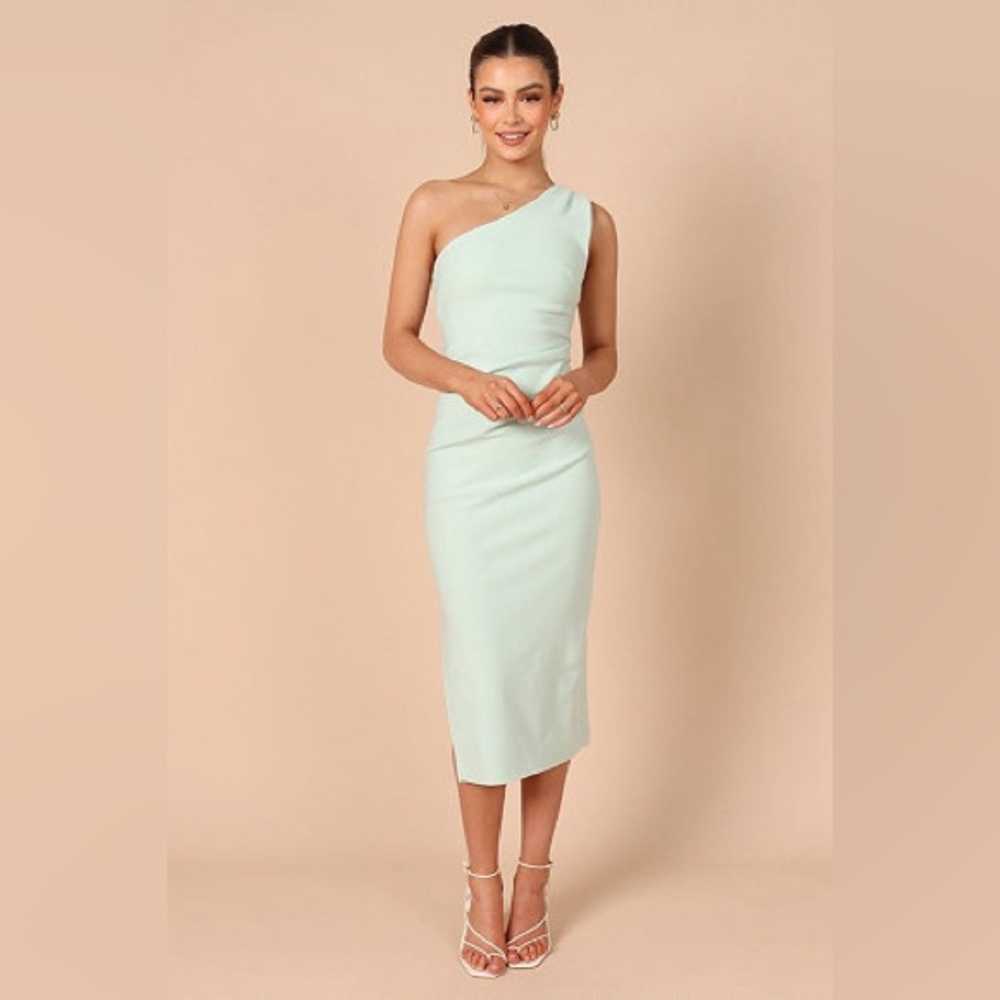 Petal & Pup Mint Green Ruched One Shoulder Midi Dress